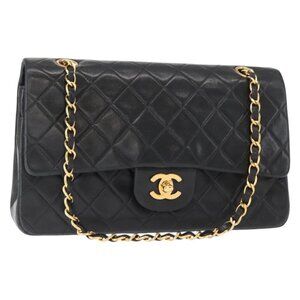 CHANEL Matelasse 25 Double Flap Chain Bag Lamb Skin Black Gold